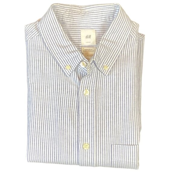 H&M LOGG Regular Fit Men's L Blue & White Striped Cotton Button Down Shirt 243L - Picture 1 of 6